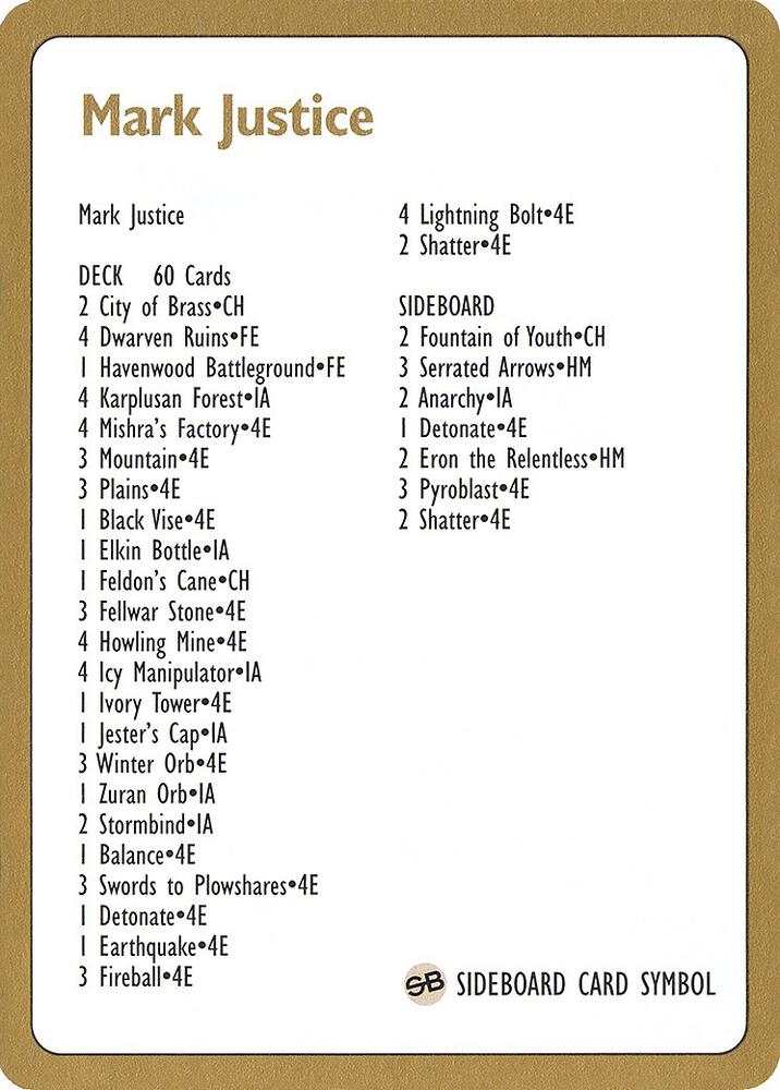 1996 Mark Justice Decklist Card