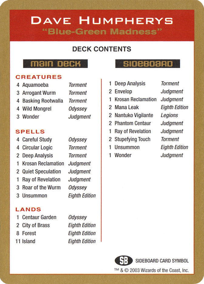 2003 Dave Humpherys Decklist Card