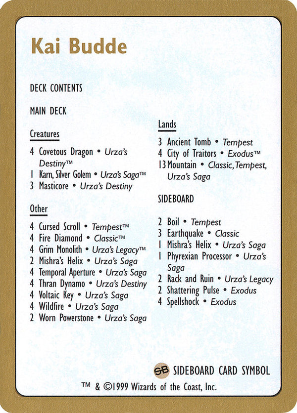 1999 Kai Budde Decklist Card - Magic: The Gathering