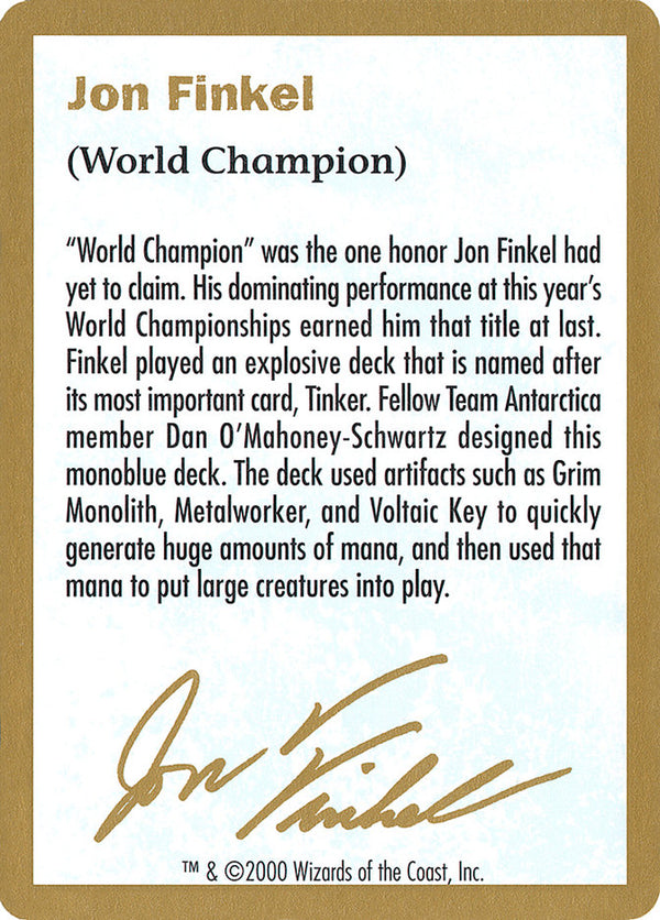 2000 Jon Finkel Biography Card - Magic: The Gathering